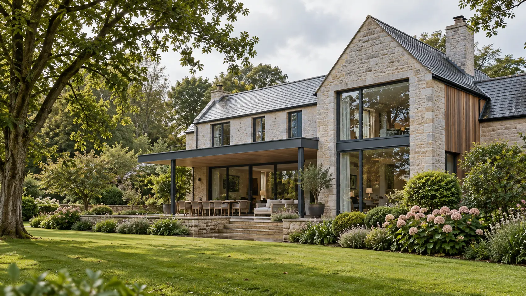 Contemporary British country house with a sheltered terrace and landscaped garden