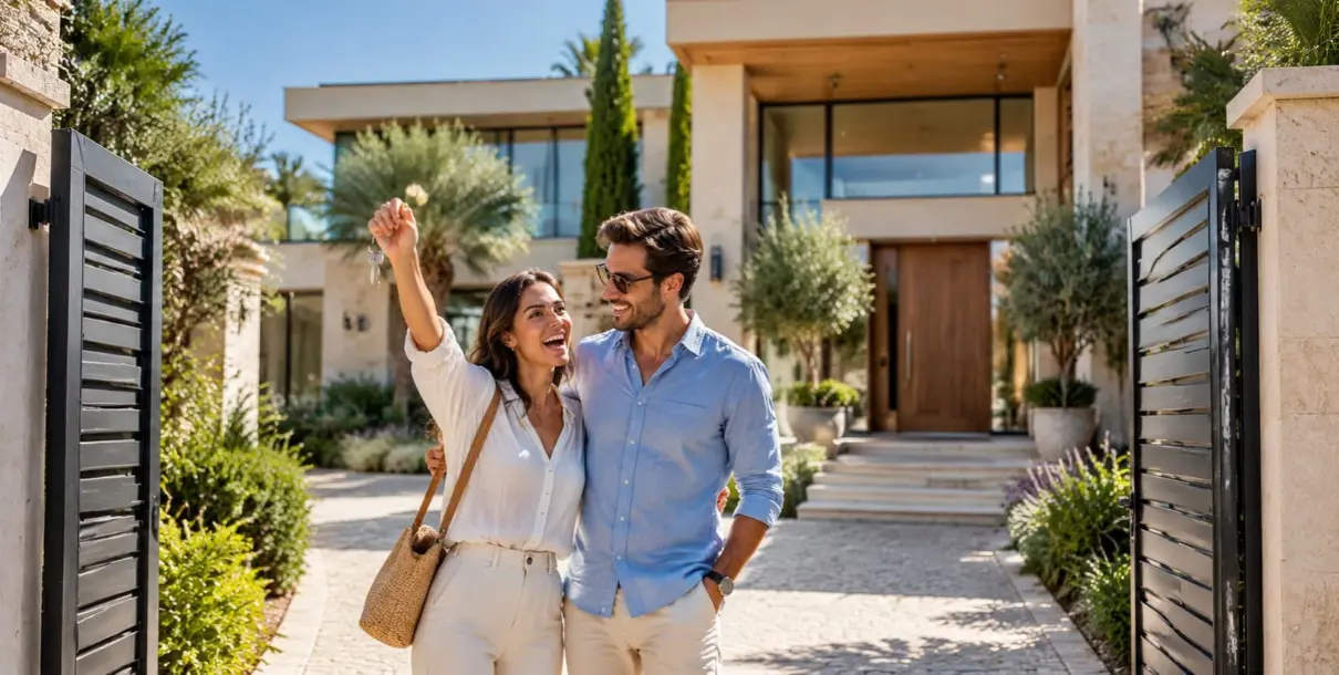 A couple arriving with small suitcases at the entrance to a contemporary British country home