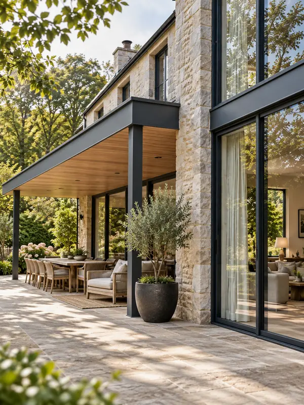 Architectural detail of a contemporary British country home with a garden-facing terrace