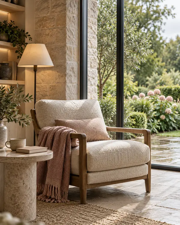 A quiet reading chair beside a garden window inside a British country house