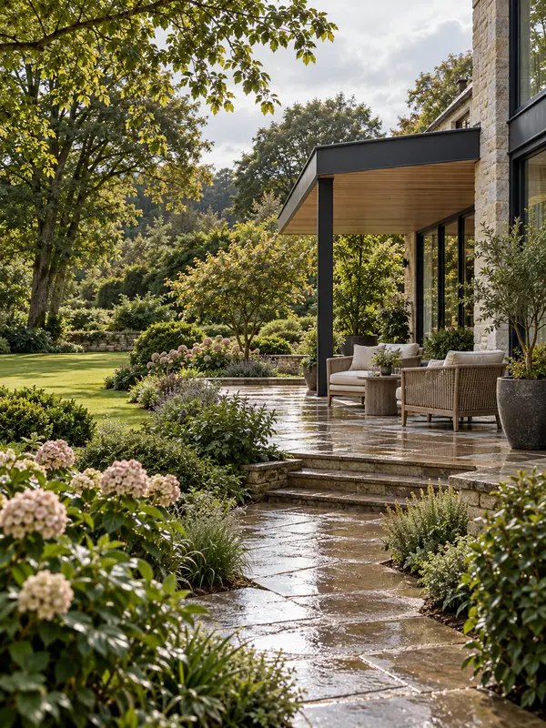 A private terrace, garden path and landscaped grounds at a premium British country home